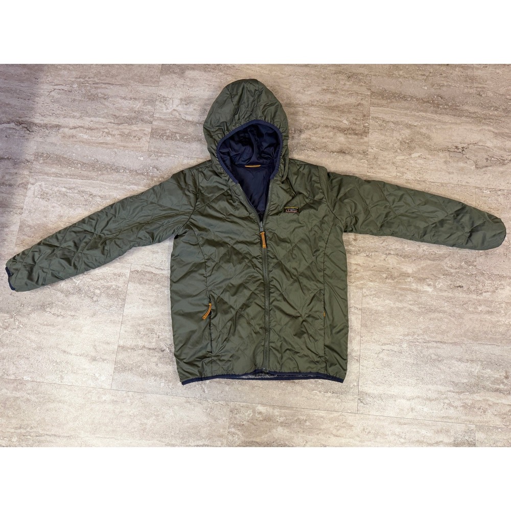 L.L.Bean Kids Quilted Fleece Lined Hooded Puffer Jacket Olive Green Size M 10-12